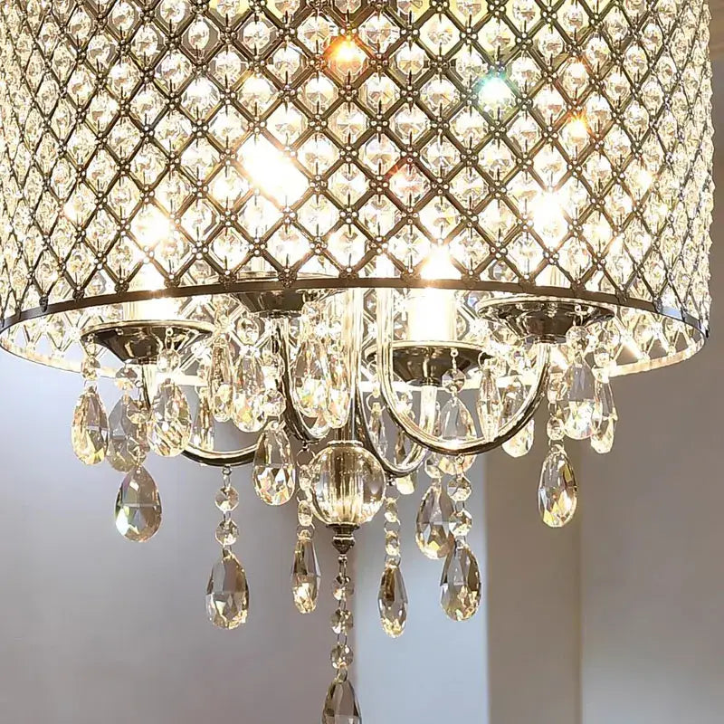 Elegant crystal chandelier pendant light with diamond-patterned shade and teardrop crystals for dining room decorbites elegant crystal