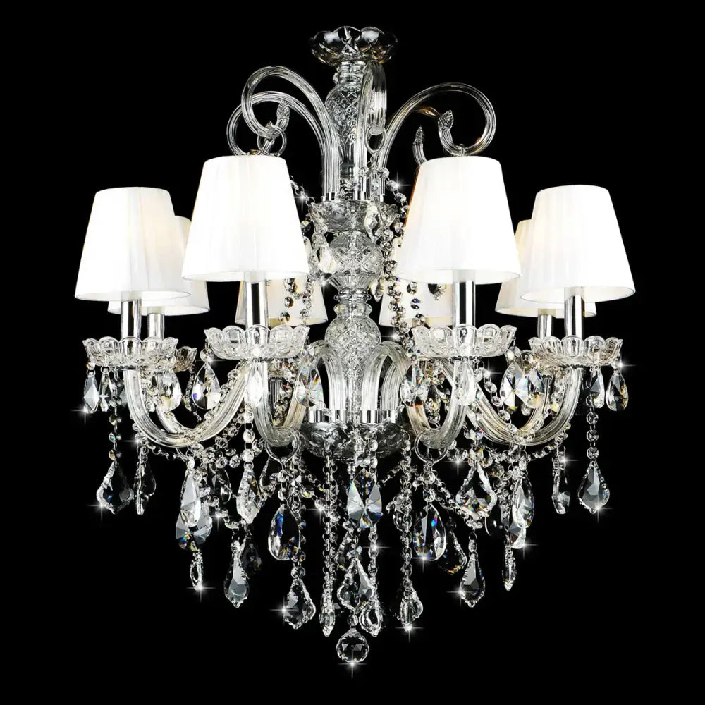 Elegant crystal chandelier with silver-toned metal arms and white shades for dining room decorbites elegant crystal design