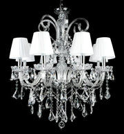 Elegant crystal chandelier with six white shades and teardrop crystals for dining room decorbites elegant crystal