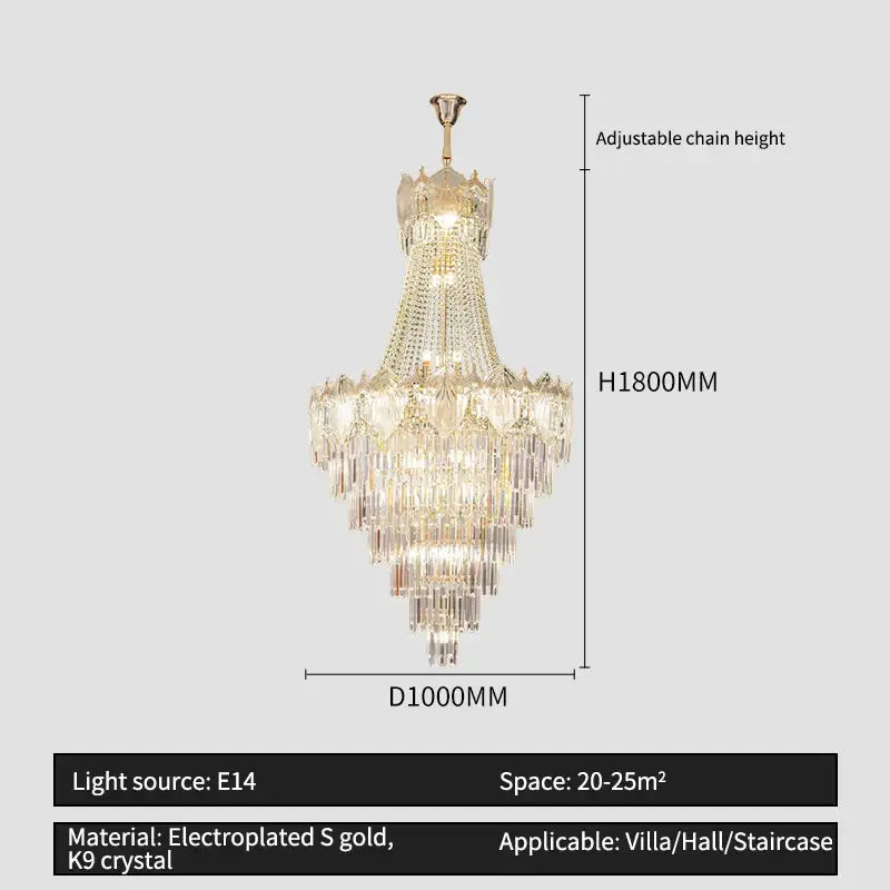Gold-plated decorbites elegant crystal duplex chandelier with cascading clear k9 crystal tiers for villa or staircase lighting