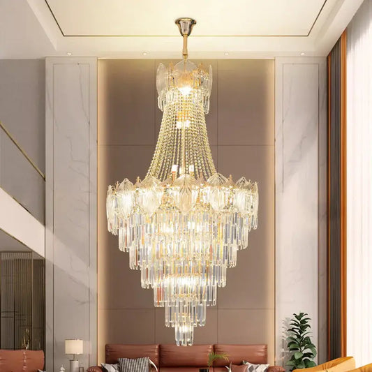 Elegant crystal duplex chandelier with cascading clear glass prisms and gold accents in modern living room decorbites elegant crystal