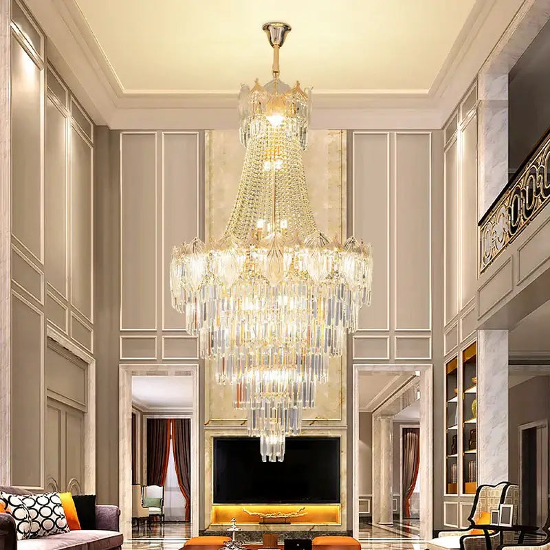 Elegant crystal duplex chandelier with cascading clear glass prisms and gold-toned frame for living room decorbites elegant crystal