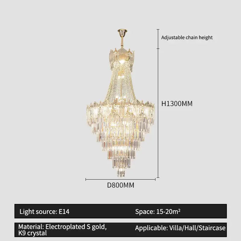 Luxurious elegant crystal duplex chandelier with cascading k9 crystal prisms and gold electroplated accents for villa decorbites elegant crystal