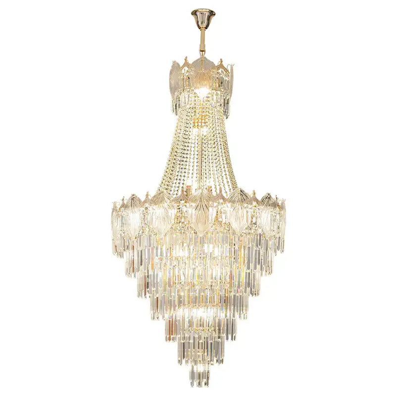 Elegant crystal duplex chandelier with gold-toned metal frame and cascading clear glass prisms for decorbites elegant crystal living room decor