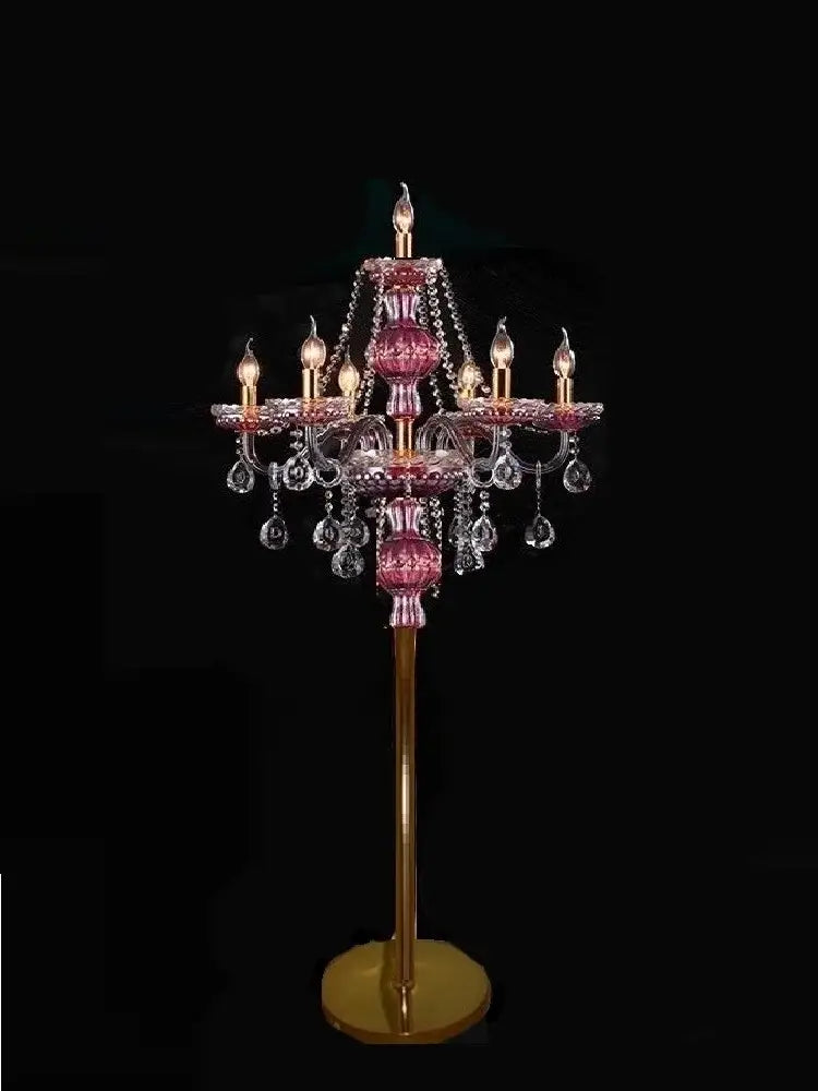 Elegant crystal floor lamp with pink crystal chandelier, gold-toned base, and clear glass droplets decorbites elegant crystal decor