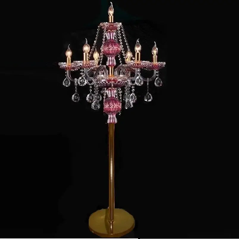 Elegant crystal floor lamp with pink glass chandelier, crystal droplets, and gold-toned metal base decorbites elegant crystal