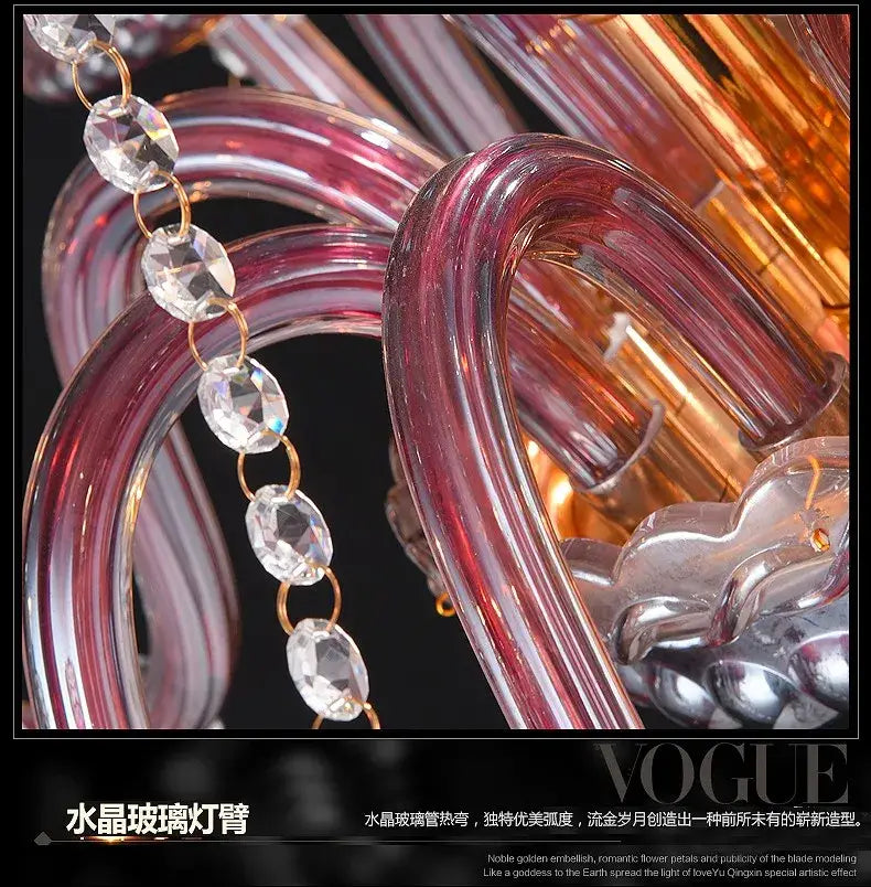 A luxurious decorbites elegant crystal floor lamp with curved pink and amber glass arms and clear crystal beads