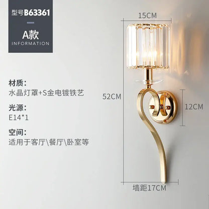 Elegant crystal gold wall lamp featuring a gold-plated wrought iron sconce with a faceted crystal lampshade for bedroom decor