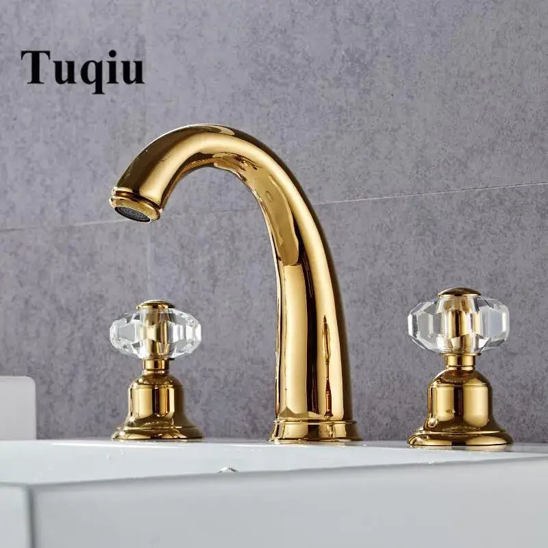 Elegant crystal handle gold basin faucet with three handles and decorbites crystal knob accents for bathroom use