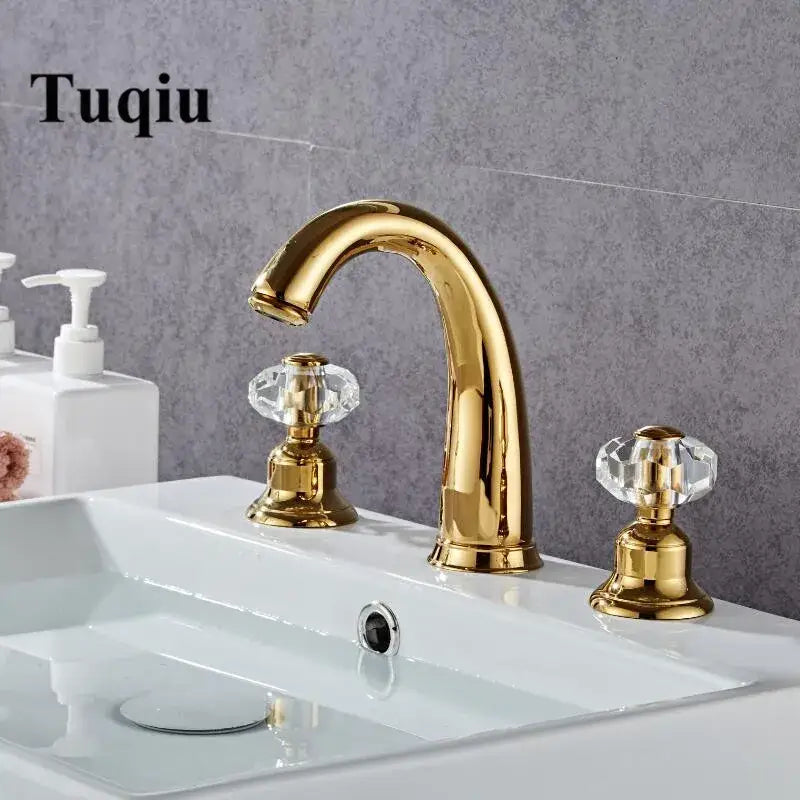 Gold-finished three-handle basin faucet with decorbites crystal handle gold knobs for bathroom hot cold mixer