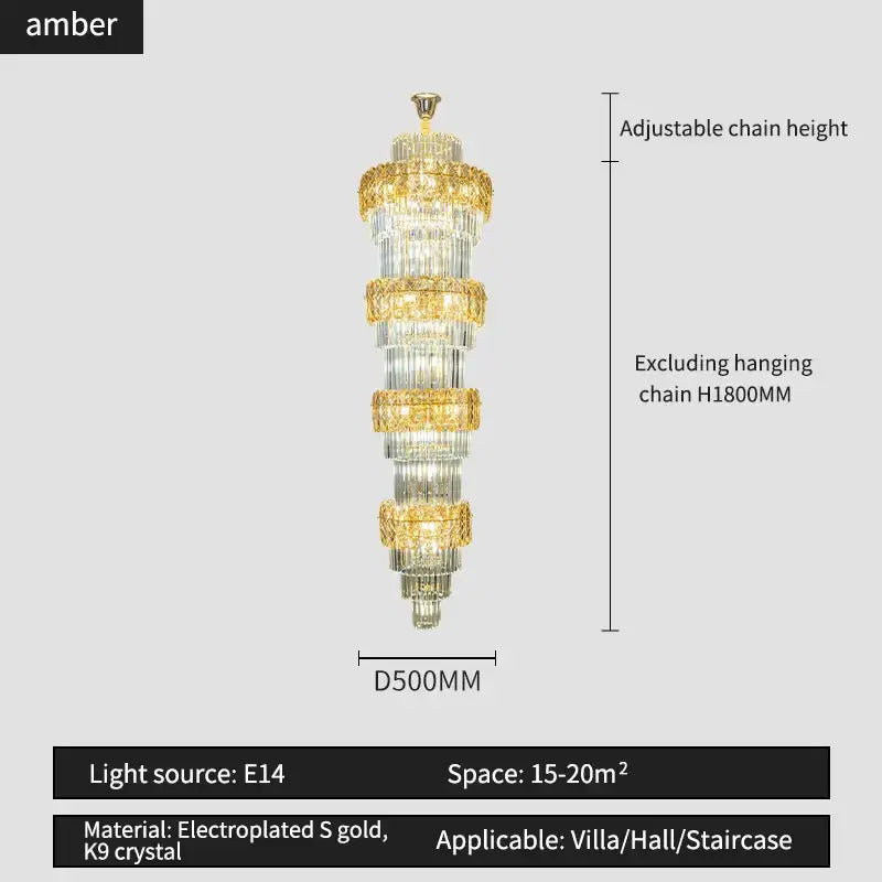 Elegant crystal hollow gold chandelier with tiered bands of gold electroplated and clear k9 crystal for stairwell decor