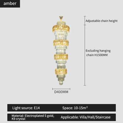Elegant crystal hollow gold chandelier with cascading k9 crystals designed for villa or stairwell decorbites elegant crystal