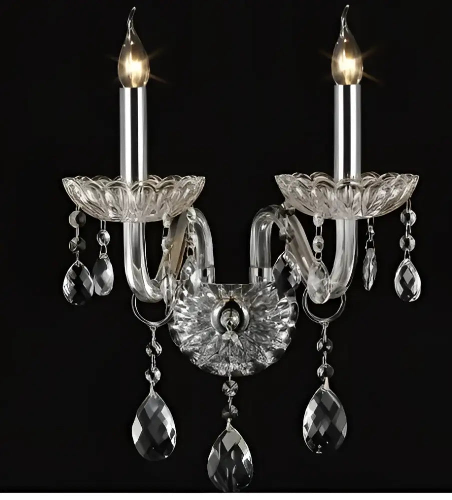 Elegant decorbites crystal lamp wall light with clear glass arms, teardrop crystals, and two candle-style bulbs for bedroom decor