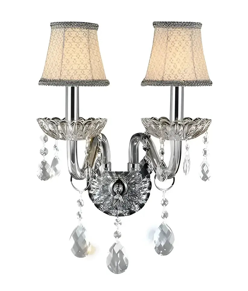 Elegant crystal lamp wall light with chrome finish two beige silk lampshades and dangling teardrop crystals for bedroom decorbites crystal lamp
