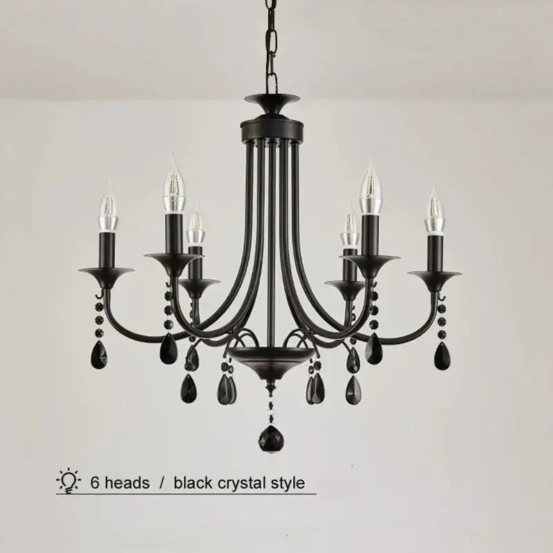 Black wrought iron 6 light elegant crystal pendant chandelier with candle-style bulbs for dining room decorbites elegant crystal