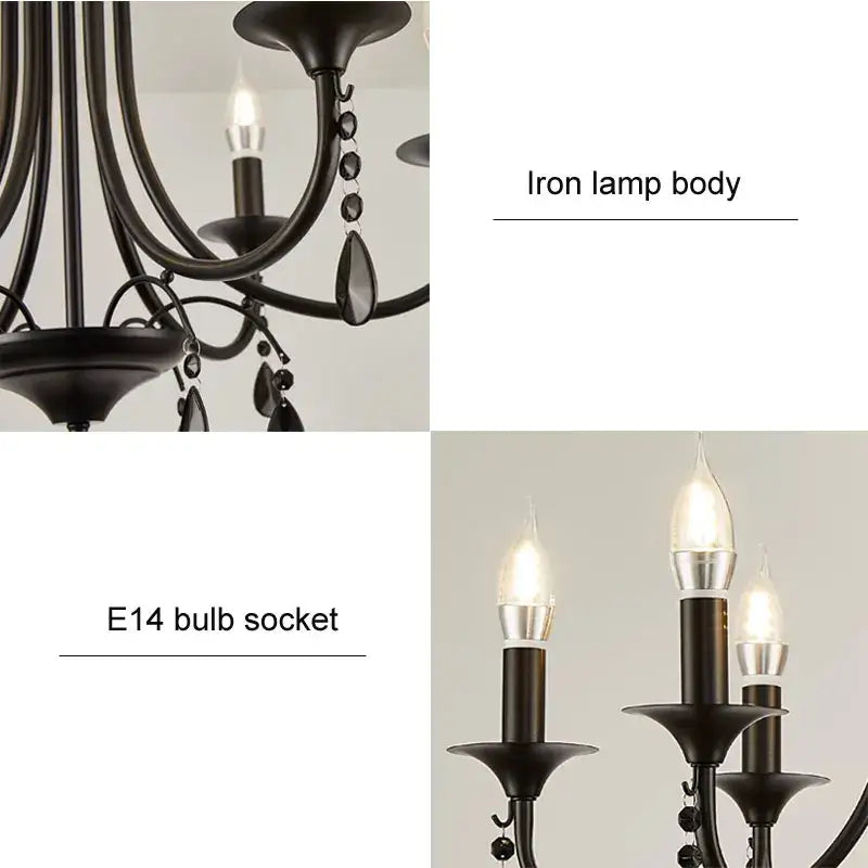 Black iron elegant crystal pendant chandelier with crystal droplets and candle style bulbs for dining room decorbites elegant crystal