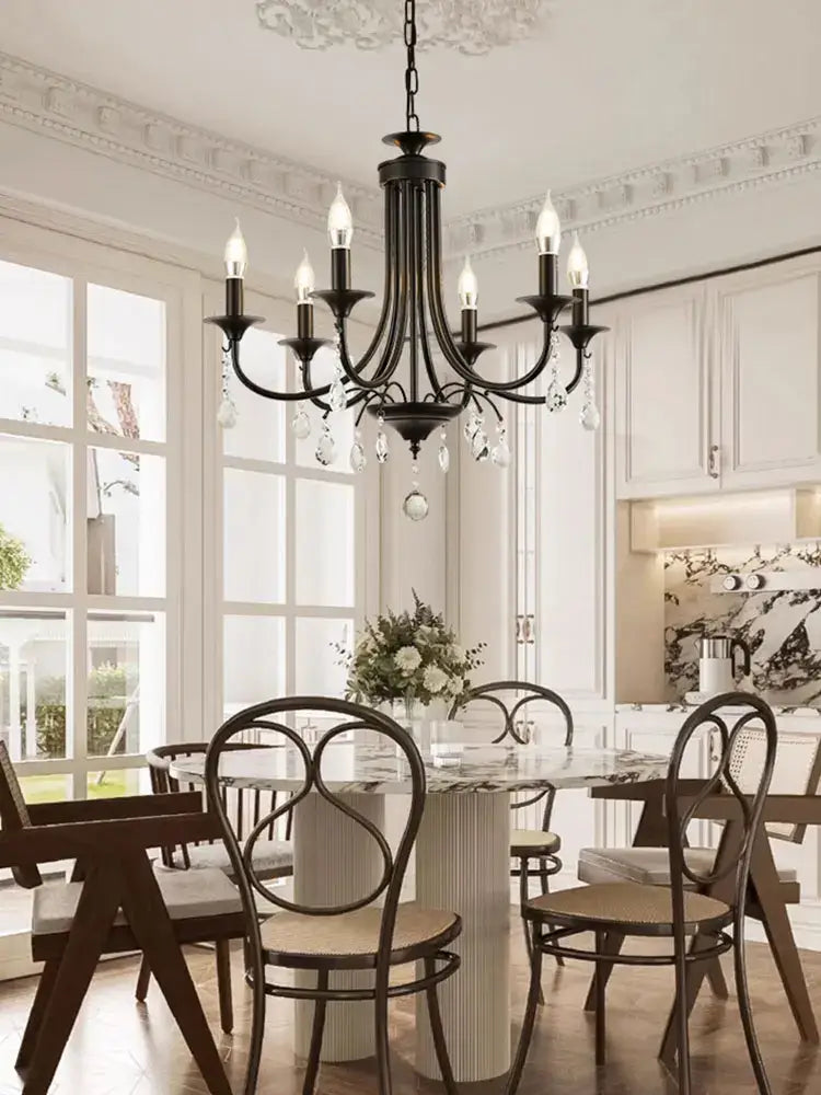 Black wrought iron elegant crystal pendant chandelier with crystal droplets and six candle-style bulbs for dining room decorbites elegant crystal