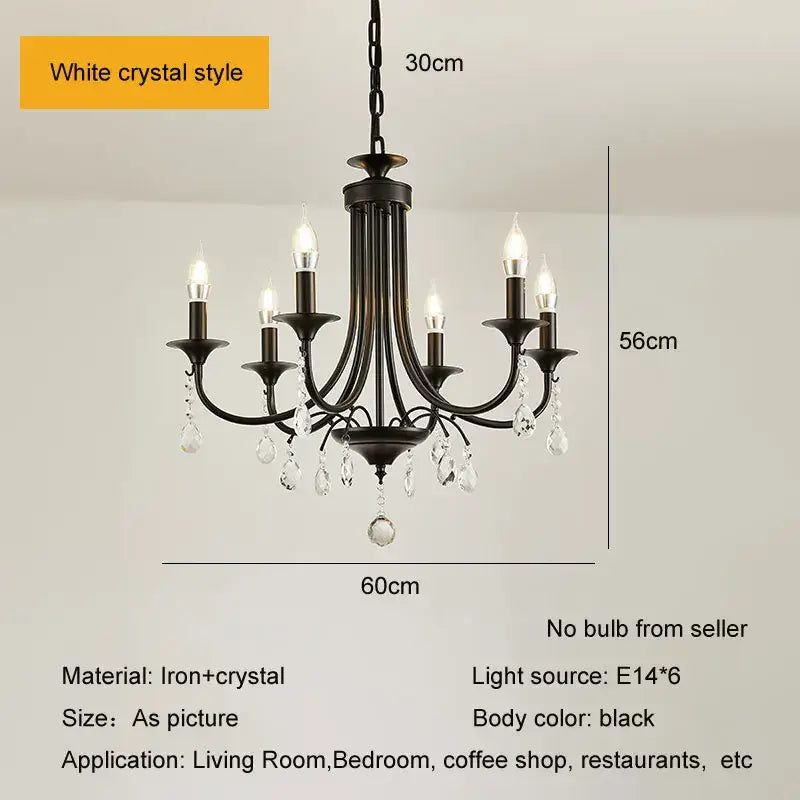 Black iron crystal pendant chandelier with white crystal accents and six candle-style arms for dining room decorbites elegant crystal