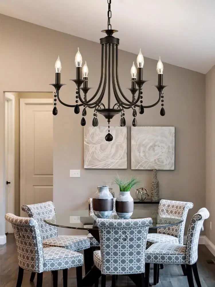Black wrought iron 6 light dining room chandelier with candle bulbs and teardrop accents decorbites elegant crystal pendant