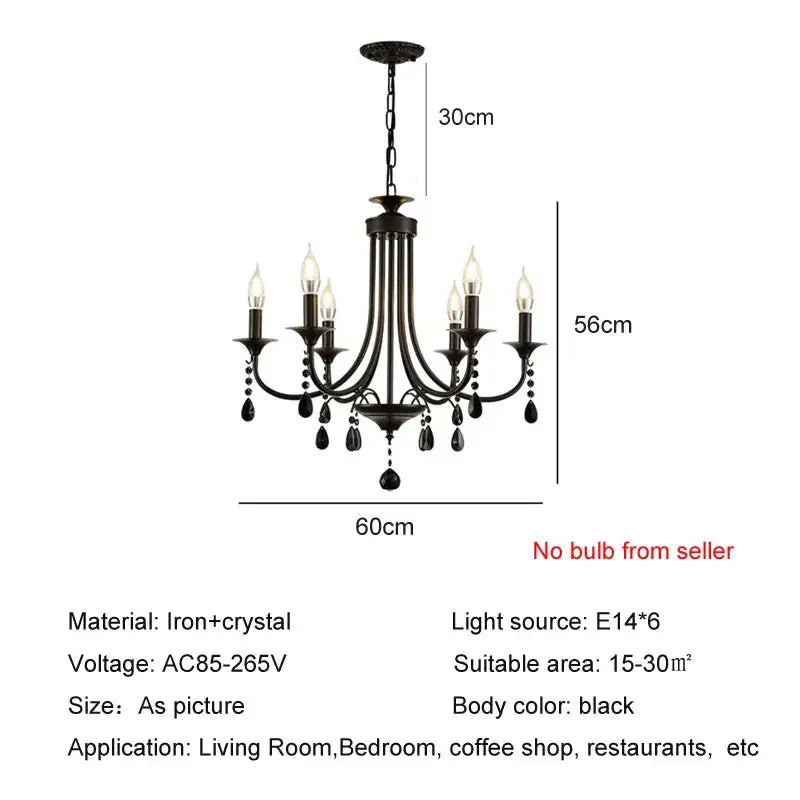 Black iron and crystal pendant chandelier with six candle-style lights for elegant crystal pendant dining decorbites