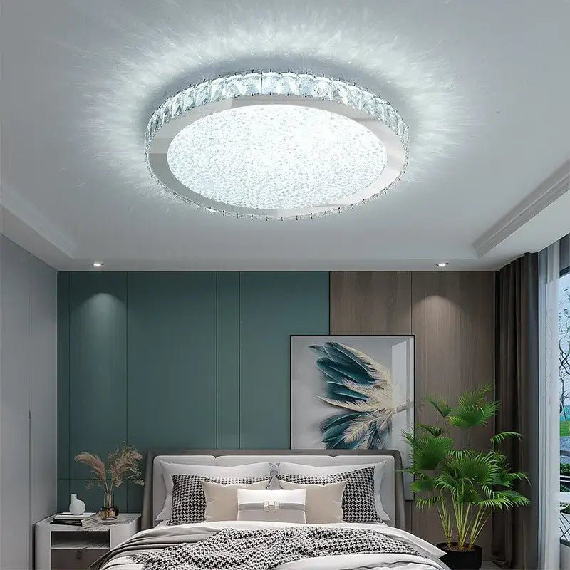 Elegant decorbites crystal round ceiling lamp with sparkling crystal rim and frosted glass for living room decor