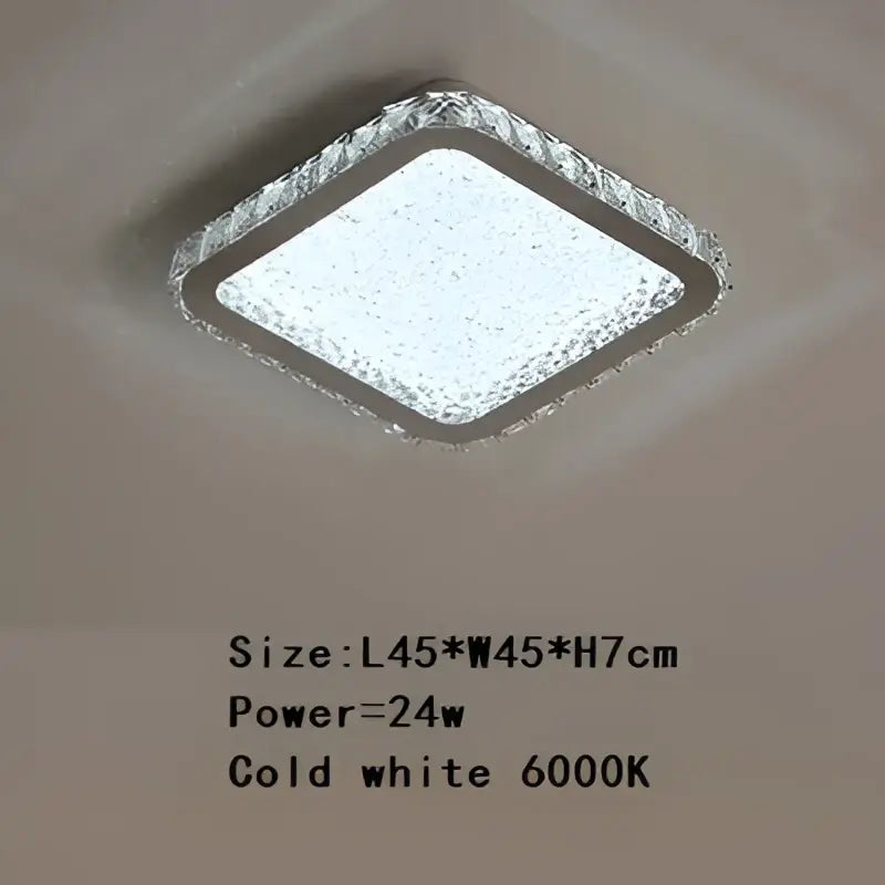 Square-shaped ceiling lamp with sparkling crystal round border and frosted glass center emitting cold white 6000k light