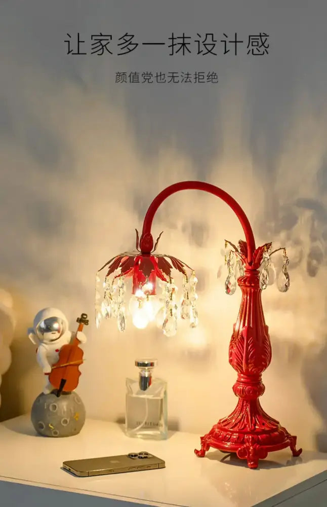 Vibrant red elegant crystal wedding table lamp with ornate design and crystal droplets for bedroom chandelier decorbites elegant crystal