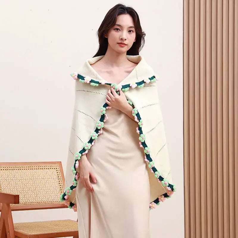 Cream-colored elegant daisy bouquet soft knitted shawl with green and pink pom-pom trim for office nap decorbites elegant daisy