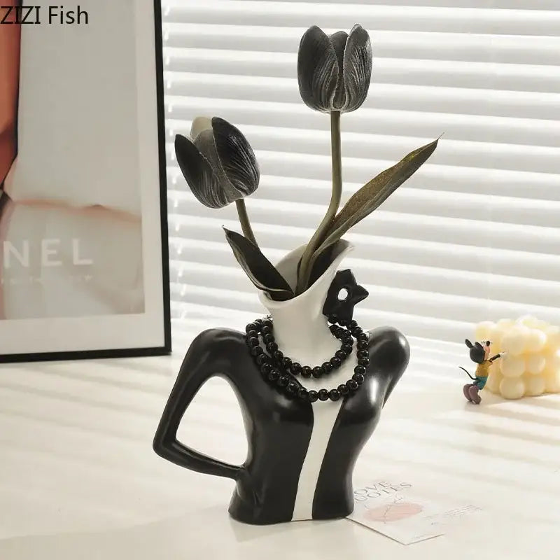 Elegant dames ceramic vase figure in black and white shaped like a woman bust with tulips for bedroom decor