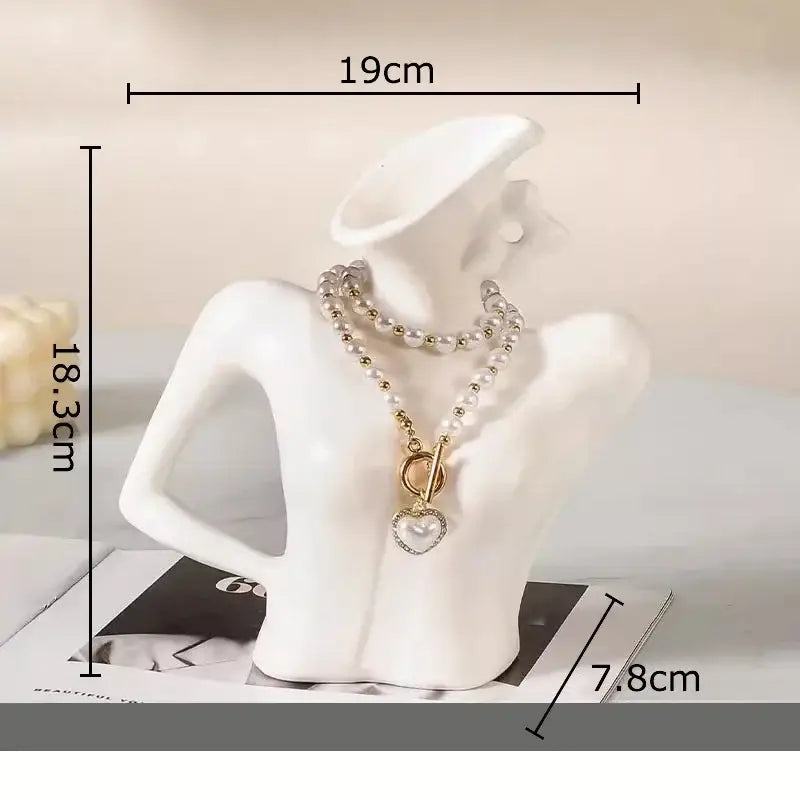 Elegant dames ceramic white woman bust vase figure displaying a delicate double-strand pearl necklace with gold pendant