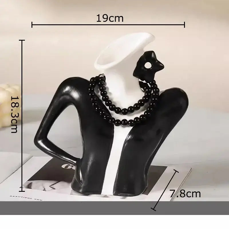 Elegant dames ceramic vase figure of a black and white stylized woman bust with black beaded necklaces for bedroom decor