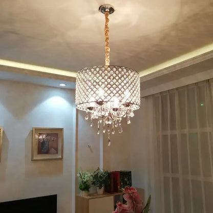 Elegant dark metal crystal ceiling chandelier with cylindrical cage and teardrop crystals for decorbites crystal ceiling decor
