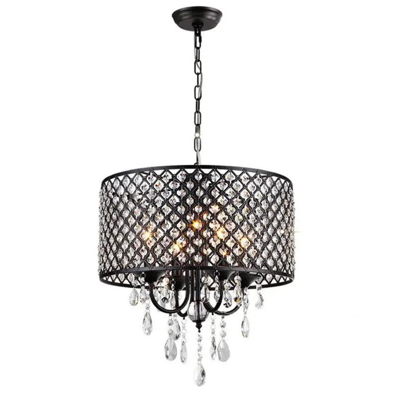 Elegant black metal decorbites crystal ceiling chandelier with diamond-patterned cage and dangling crystal teardrops for living room light