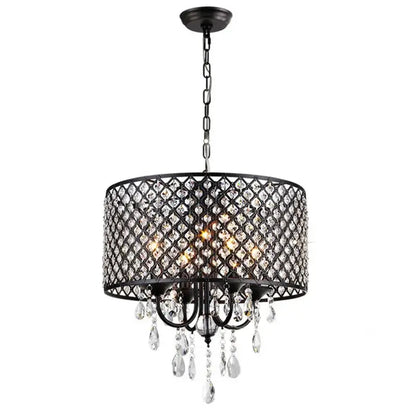Elegant black metal decorbites crystal ceiling chandelier with diamond-patterned cage and dangling crystal teardrops for living room light