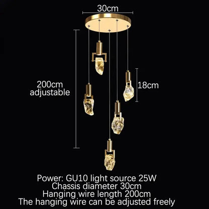 Gold-toned decorbites elegant diamond crystal chandelier with five pendant lights on a 30cm brass base for dining rooms