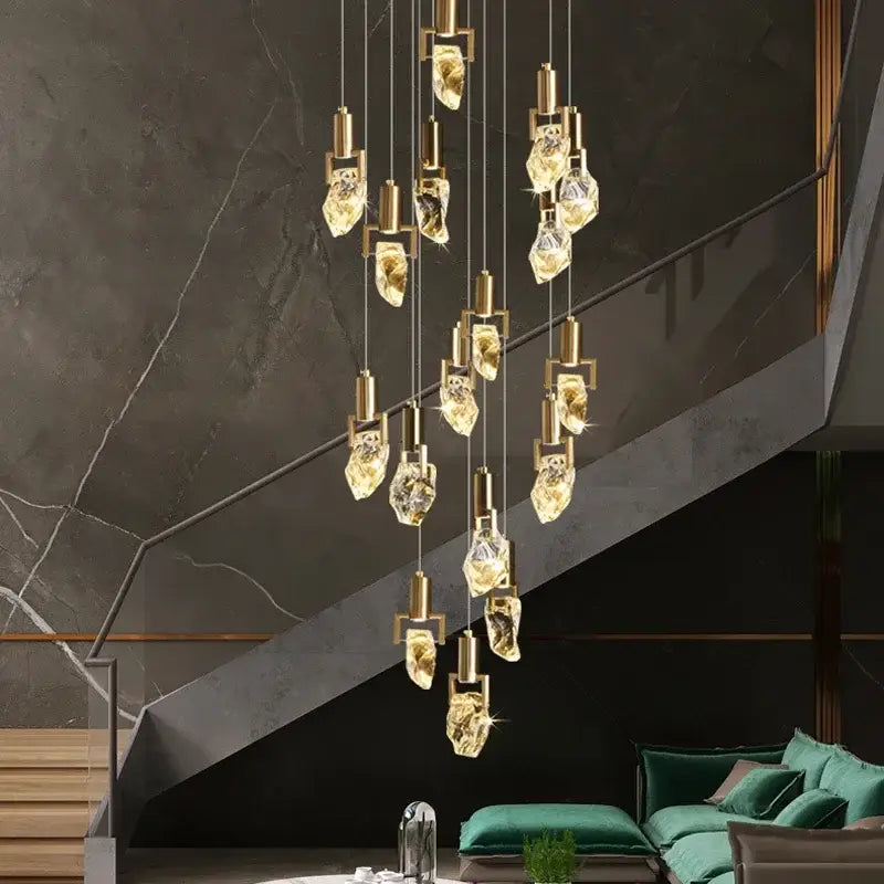 Golden diamond crystal chandelier with faceted translucent glass and brass fixtures for elegant dining room decorbites elegant diamond