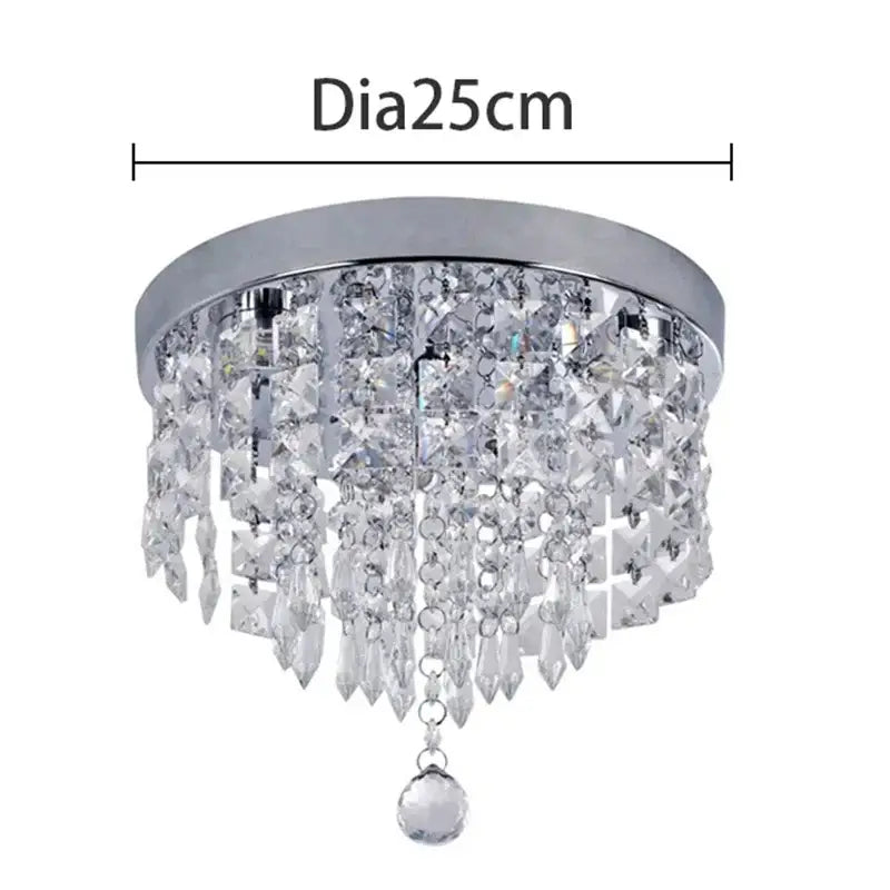 Elegant diamond crystal led ceiling chandelier with circular chrome finish and cascading clear faceted crystals 25cm diameter