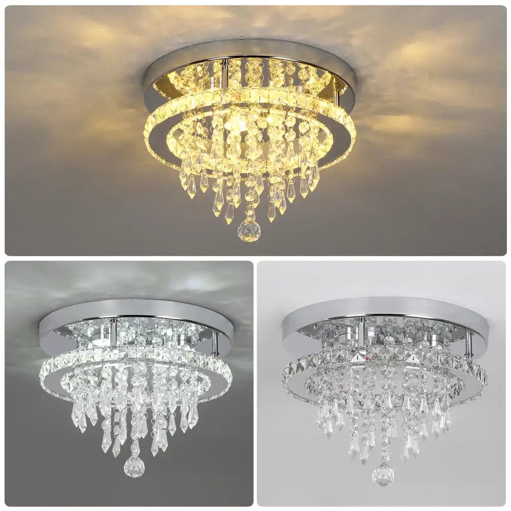 Elegant diamond crystal led ceiling chandelier with chrome base and cascading clear faceted crystals for living room