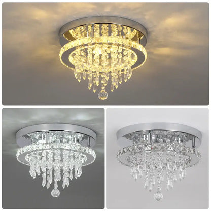 Elegant diamond crystal led ceiling chandelier with chrome base and cascading clear faceted crystals for living room