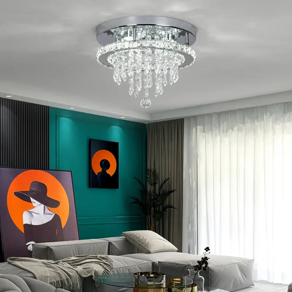 Elegant diamond crystal led ceiling chandelier with sleek chrome frame and cascading clear glass prisms for living room