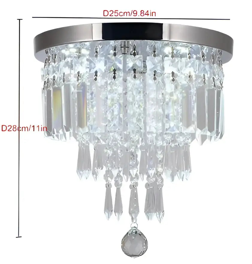 Elegant diamond crystal led ceiling chandelier with polished chrome rim and cascading clear crystal prisms for living room