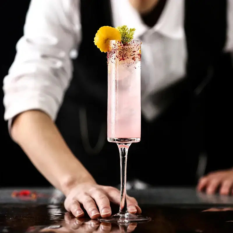 Elegant dried flower bubble champagne glasses set of 2 with slender pink cocktail and citrus herb garnish for decorbites bubble champagne