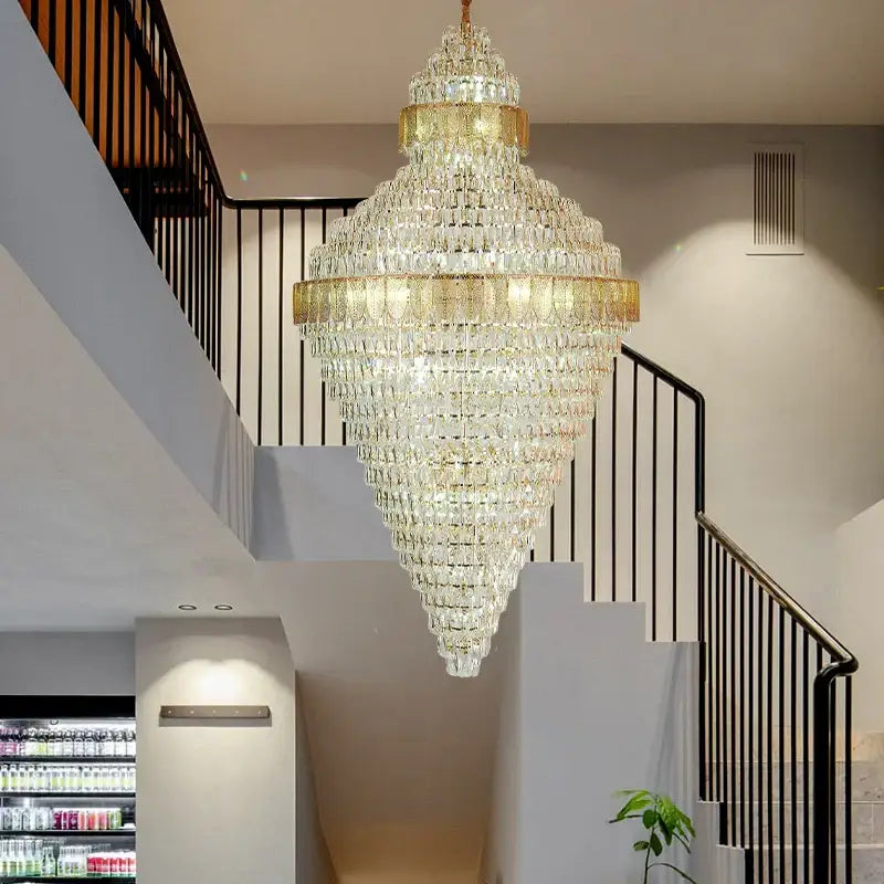Elegant duplex crystal chandelier gold and amber with cascading clear faceted glass tiers for living room decorbites elegant duplex