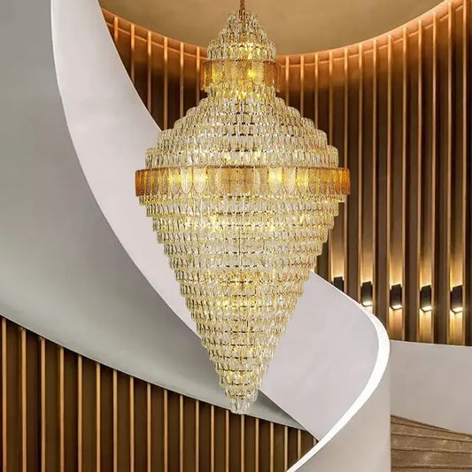 Elegant duplex crystal chandelier with cascading gold-toned tiers of clear and amber glass prisms for living room decorbites elegant duplex