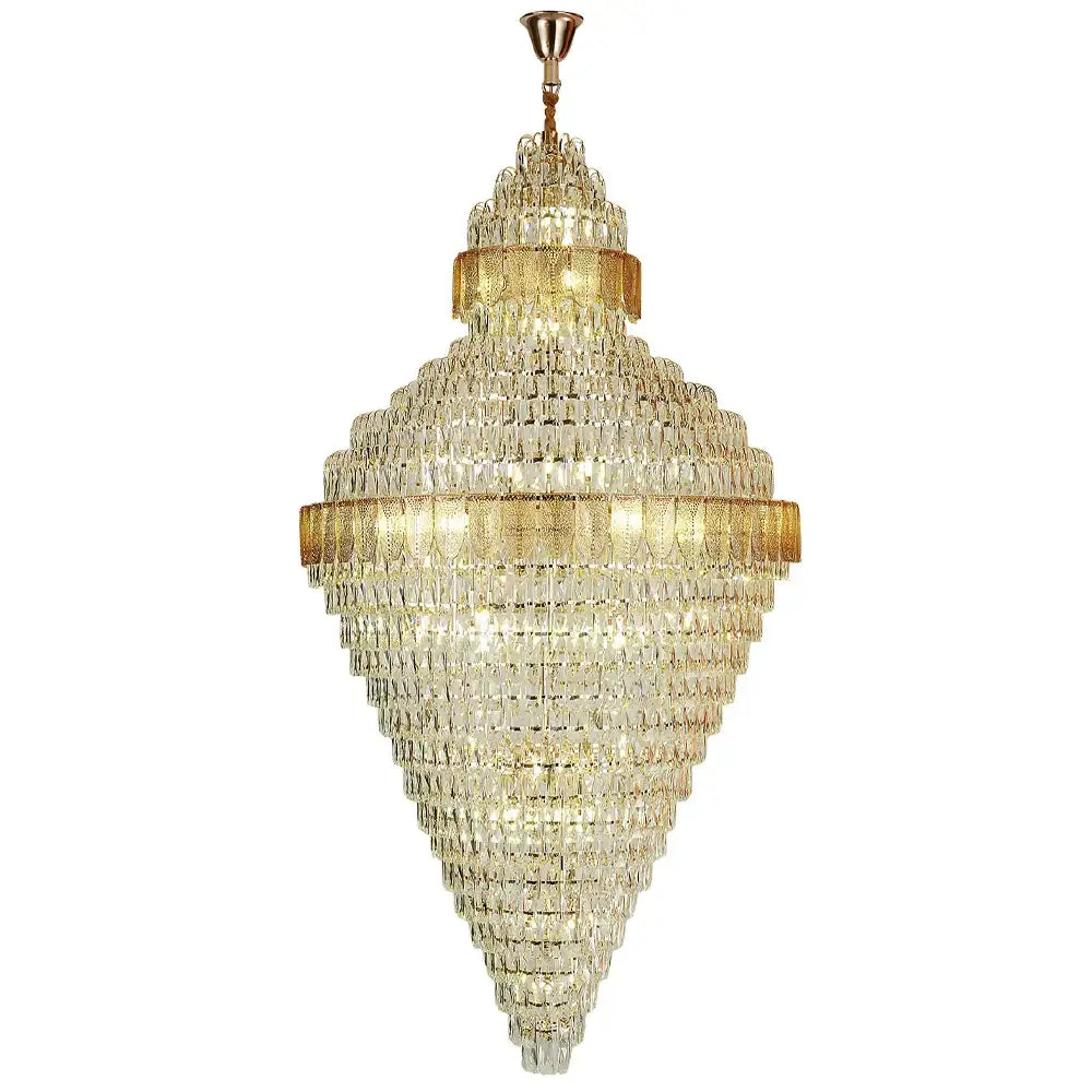 Elegant duplex crystal chandelier with gold-toned accents and conical cascading design for living room decorbites elegant duplex