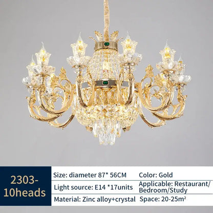 Gold-colored decorbites elegant duplex crystal chandelier with intricate crystal detailing and ornate metal arms for living room