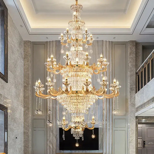 Elegant duplex crystal chandelier featuring gold-toned metalwork and clear crystal droplets for living room decorbites elegant duplex