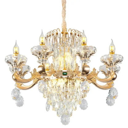 Gold-toned decorbites elegant duplex crystal chandelier with intricate crystal droplets and central green gemstone accent