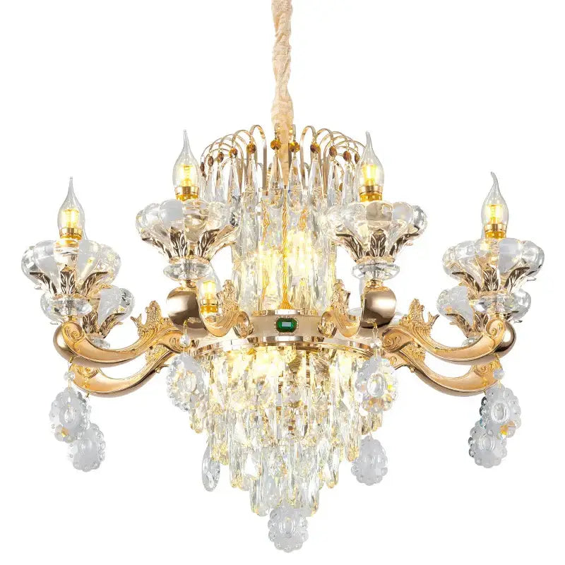 Gold-toned decorbites elegant duplex crystal chandelier with intricate crystal droplets and central green gemstone accent