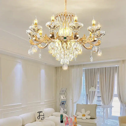 Elegant duplex crystal chandelier gold living room light with gold-toned arms and intricate crystal droplets decorbites elegant duplex